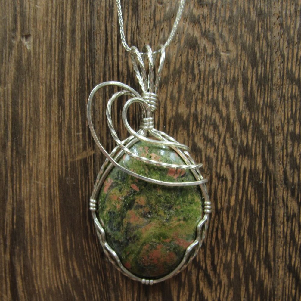 22" Sterling Hand Wrapped Unakite Stone Necklace
